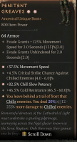 2GA Penitent Greaves (20/25) ✷37.5% Movement Speed ✷82.5% Chill Slow Potency - image