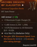 GREATER AFFIX BARBARIAN BOOTS GA +4 WAR CRY ARMOR RESISTANCE ALL ELEMENTS 3 MAX CHARGERS - image