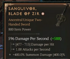 800 IP 1GA Sanguivor, Blade of Zir - random stats - Season 9 - image