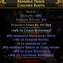 2 SOCKET EVASION BOOTS 325 EVASION 30% MOVEMENT SPEED 74 LIFE 20% RARITY 38% COLD 30% LIGHT 14 CHAOS