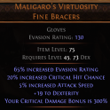 DAWN OF THE HUNT Maligaro's Virtuosity UNIQUE GLOVES LVL 45 REQ 300% CRITICAL DMG BONUS CRIT CHANCE