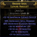 rare lunar amulet 61 level req 21 int/11 all attributes/18% spell dmg/48% evasion rating/11 str/34 m