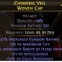 392 EVASION HELMET 43% RARITY FOUND 93 LIFE 21 INT 35% COLD RESIST DEADEYE MONK MERC HUNTRESS HELM