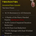 ANCESTRAL BARB AMULET LVL 60 FURY COST REDUCTION +2 HEAVY HANDED PASSIVE % WIELDED DAMAGE