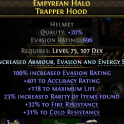696 EVASION HELM 401 ACCURACY 118 LIFE 23% RARITY FOUND 32% FIRE 31% COLD RESISTS AMAZON HELM HUNTRE