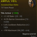 ANCESTRAL ROGUE HELM 757 ITEM POWER LVL 60 COOLDOWN REDUCTION ALL STAT  MAX LIFE BARRIER GENERATION