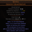 DAWN OF THE HUNT Matsya UNIQUE QUARTERSTAFF LVL 20 REQ MONK WEAON MONK STAFF SKILLS RESERVE 50% LES