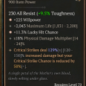 2GA Locran's Talisman (129/150) GA Willpower/18% phys dmg multiplier 2043 max life GA Lucky Hit Chan