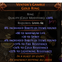 20 SPIRIT VENTOR'S GAMBLE RING 66 LIFE 12 RARITY +31/24/22 RESISTANCES INFERNALIST WITCH LICH MINION