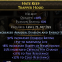 670 EVASION HELM 157 LIFE 18% RARITY 25% CRIT CHANCE 32% COLD 21% FIRE RESIST DEADEYE MONK MERC