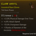 ANCESTRAL BARB GLOVES LVL 60 +3 HAMMER OF THE ANCIENTS SKILLS ATTACK SPEED OVERPOWER PHYSICAL HOTA