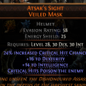 Atsak's Sight Veiled Mask 58 evasion rating 25 energy shield 28 level req (24-16-14)