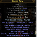 RARE GEMINI BOW +1 ARROW 432 DPS HIGH COLD DAMAGE 16 DEX LIFE LEECH LIGHTNING ARROW RANGER BOW