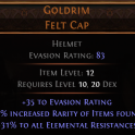 RISE OF THE ABYSSAL Goldrim Felt Cap UNIQUE HELM LVL 10 REQ 30% ALL RESISTANCE HELMET