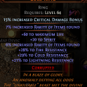 15% CRIT DMG BONUS 20 SPIRIT VENTOR'S GAMBLE RING 60 LIFE 13 RARITY +28/29/21 RESISTS INFERNALIST