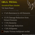 ANCESTRAL AMULET LVL 72 2X DAMAGE REDUCTION % DEXTERITY% WILLPOWER