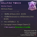 S15-SC | Mythic Charm HellFire Torch for Babarian +4 All Skill + Set Crucible