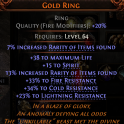 VENTOR'S GAMBLE GOLD RING 15 SPIRIT 20% RARITY FOUND +33 FIRE 34 COLD 23% LIGHTNING RESISTS 38 LIFE