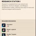 Research Station level 1>2 All Items：Calculator*3 Raider logbook*3 Skulker Targeter*5