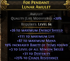 AMULET +3 LEVEL OF MINION SKILLS 111 LIFE 87 MANA 19% RARITY 31 DEX 25% CHAOS RES WITCH MINION LICH - image