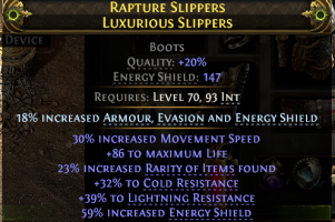 147 ES BOOTS 30% MOVEMENT SPEED 86 LIFE 23% RARITY 32% COLD 39% LIGHTNING RESIST STORMWEAVER BOOTS - image