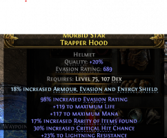 689 EVASION HELM 119 LIFE 117 MANA 17% RARITY 30% CRIT CHANCE 21% LIGHT RES RANGER HUNTRESS MERC - image