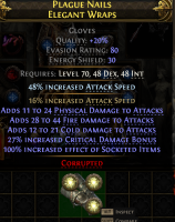 3 SOCKETED GLOVES 64% ATTACK SPEED HIGH FIRE+COLD+PHYSICAL DAMAGE 27% CRIT DMG BONUS EVASION+ES GLOV - image