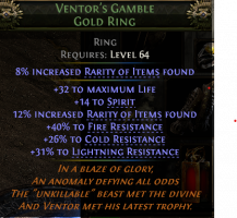 VENTOR'S GAMBLE RING 14 SPIRIT 32 LIFE 20% RARITY +40/26/31 RESISTS MINION WITCH LICH INFERNALIST - image