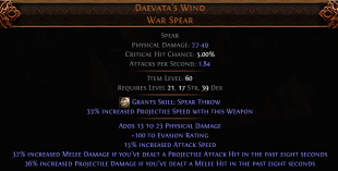 DAWN OF THE HUNT Daevata's Wind War Spear UNIQUE SPEAR LVL 21 REQUIRED HUNTRESS WEAPON AMAZON WEAPON - image