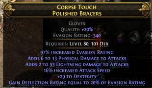 340 EVASION GLOVES LIGHT+PHYS DMG 16% ATTACK SPEED 29 DEX 20% DEFLECTION RANGER HUNTRESS MONK MERC - image