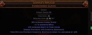 RISE OF THE ABYSS Leopold's Applause UNIQUE GLOVES LVL 52 REQ PENETRATES ENEMY ELEMENTAL RESISTANCES - image