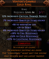 15% CRIT DMG BONUS 20 SPIRIT VENTOR'S GAMBLE RING 60 LIFE 13 RARITY +28/29/21 RESISTS INFERNALIST - image