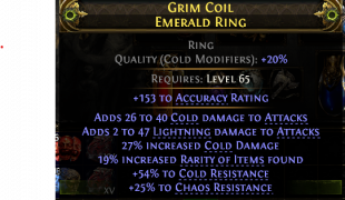 AMAZON DEADEYE MONK MERC RING HIGH COLD+LIGHT DMG 27% COLD DMG 19% RARITY 54% COLD 25% CHAOS RESISTS - image