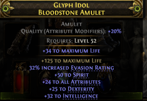 INSANE ATTRITUBES AMULET 50 SPIRIT 155 LIFE 24 ALL ATTRITUBES 25 DEX 32 INT 32% EVASION RATING - image