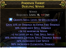FIREBALL BLOOD MAGE DUELING WAND +5 FIRE SKILLS 39 SPELL DMG 24 CAST SPEED 23 EX DMG 26% CRIT 89ELE - image