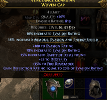 819 EVASION HELM 20% DEFLECTION 15% RARITY 28 DEX 35% FIRE RES RANGER MONK HUNTRESS - image