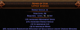 PERFECT 30% RESERVATION EFFICIENCY ROLLED Bones of Ullr UNIQUE BOOTS LVL 16 REQ MINION WITCH BOOTS - image