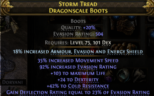 500 EVASION BOOTS 35% MOVEMENT SPEED 103 LIFE GAIN DEFLECTION EQUAL OF 23% EVASION 24 DEX 42% COLD - image