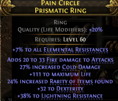 RING HIGH FIRE DMG 27% COLD DMG 111 LIFE 24% RARITY 32 DEX 38% LIGHT RES 7% ALL RESISTS - image
