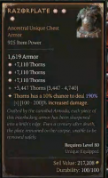S5-> Razorplate with 3 Greater Affixes 190/200 7,110 Thorns x3, +3447 - Instant Delivery - image