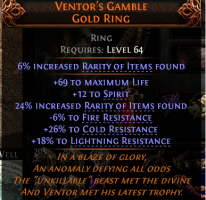 VENTOR'S GAMBLE RING 12 SPIRIT 69 LIFE 30% RARITY 26 COLD 18 LIGHT -6 FIRE RESIS INFERNALIST RING - image
