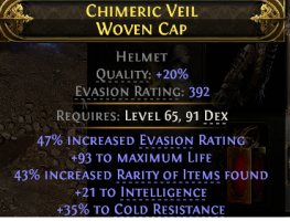 392 EVASION HELMET 43% RARITY FOUND 93 LIFE 21 INT 35% COLD RESIST DEADEYE MONK MERC HUNTRESS HELM - image
