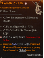 HIGH AFFIX MAX 925 ILVL NECROMANCER AMULET +3 FUELED BY DEATH % INTELLIGENCE CRITICAL STRIKE CHANCE - image