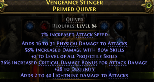 PRIMED QUIVER +2 PROJECTILE SKILL 58% BOW SKILLS DMG HIGH PHYSICAL+LIGHT DMG 26CRIT DMG BONUS 28 DEX - image