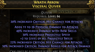 VISCERAL QUIVER PHYSICAL DMG 49% BOW SKILL DMG 30% PROJ SPEED +2 PROJ SKILLS 43% CRIT CHANCE 10% CRI - image