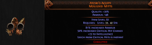 2 SOCKETED Atziri's Acuity UNIQUE GLOVES 50% CRITICAL HIT CHANCE GLOVES 100% CRIT BLOOD MAGE AMAZON - image