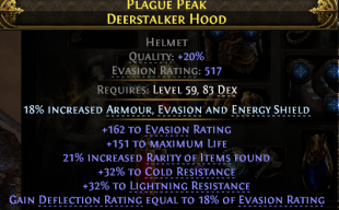 517 EVASION HELMET 151 LIFE 21% RARITY FOUND 32% COLD 32% LIGHTNING RESISTS 18% DEFLECTION DEADEYE R - image