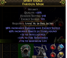 EVASION+ES HELM 49% RARITY FOUND 114 LIFE 35 INT 33% FIRE RESIST - image