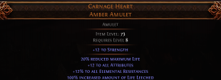 RISE OF THE ABYSSAL Carnage Heart UNIQUE AMULET LVL 8 REQ ALL STAT + ALL RESISTANCE AMULET - image