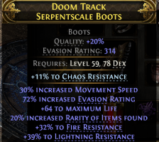 314 EVASION BOOTS 30% MOV SPEED 64 LIFE 20 RARITY 32 FIRE 39 LIGHTNING RESISTS 11 CHAOS DEADEYE - image